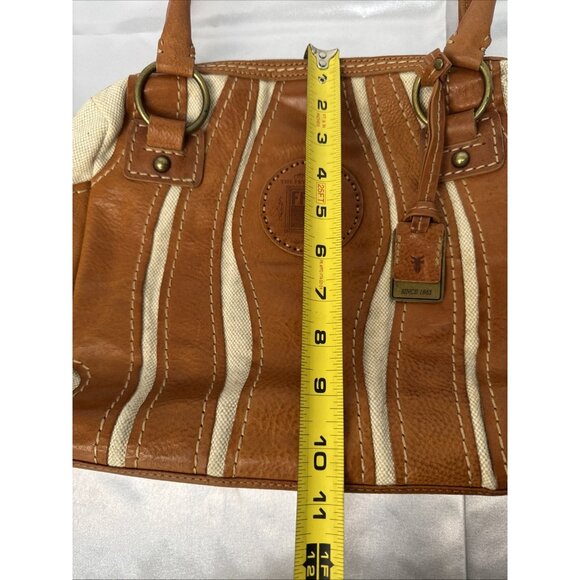 Frye Tan Leather & Canvas Mini Satchel Handbag With Double Handles & Zipper Clos - Picture 13 of 16